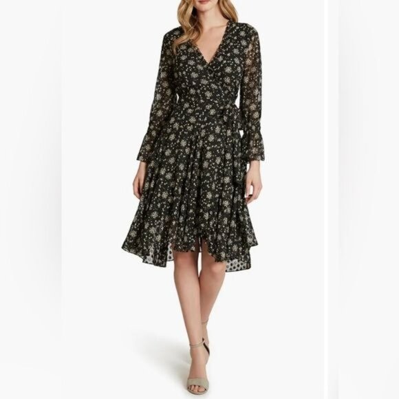 TAHARI Floral Long Sleeve Dot Chiffon Ruffle Faux Wrap Dress 12 - Picture 1 of 10